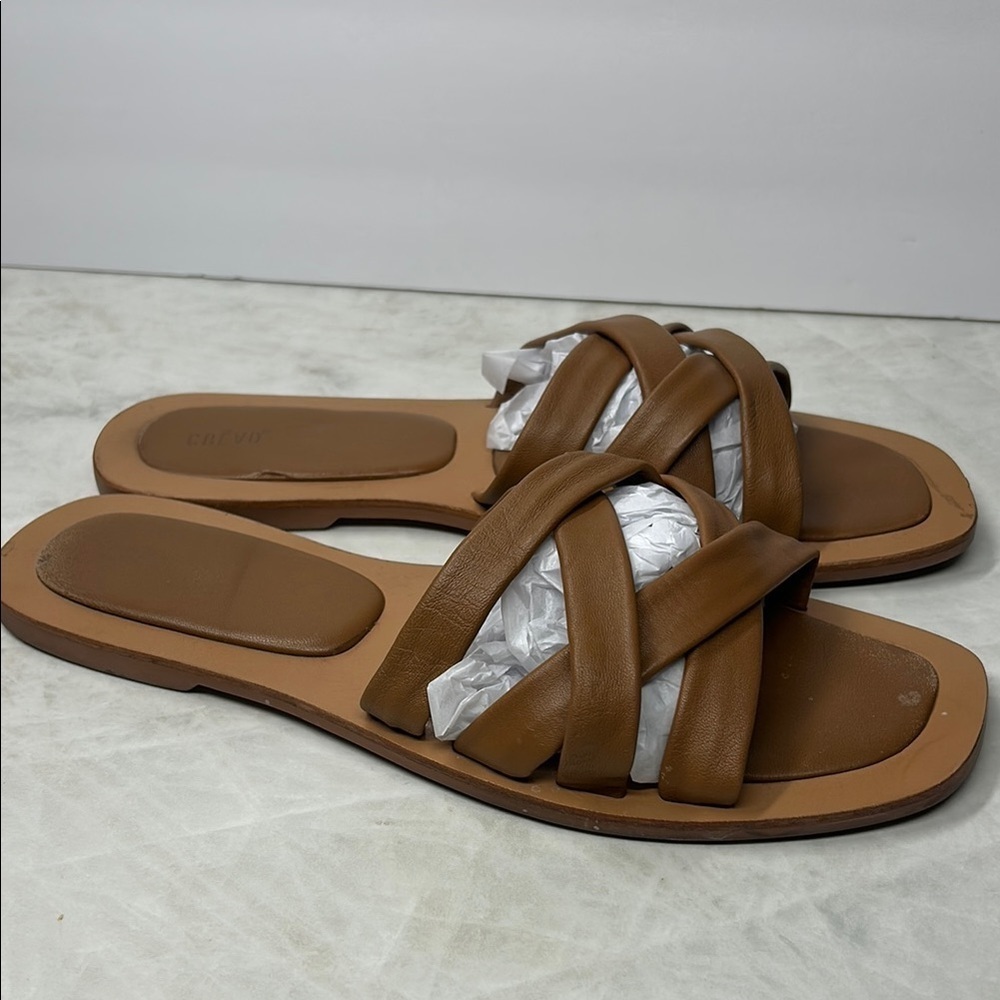 Crevo Women's Tan Chestnut Leather Slide Sandals | 12 - Picture 6 of 6